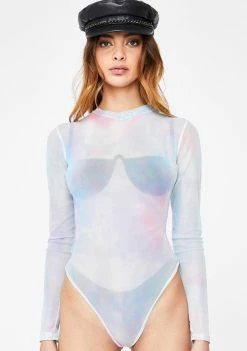 Momokrom Galactic Tie Dye Mock Neck Mesh Bodysuit Tops