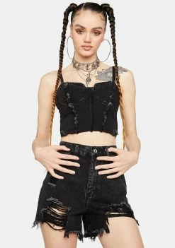 Momokrom Black Wash Distressed Denim Mom Shorts