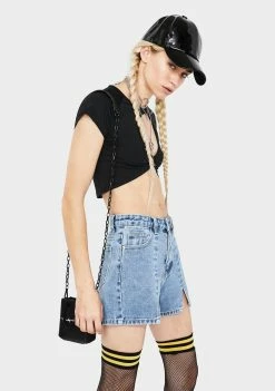 Momokrom Vintage Wash Split Hem Denim Shorts