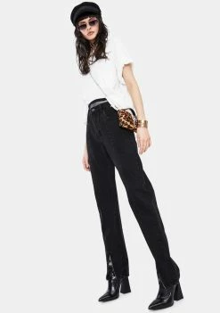 Momokrom Bottoms Washed Black Front Seam Zip Leg Jeans