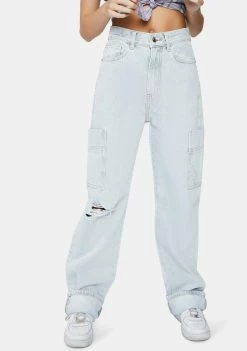 Momokrom Bottoms Light Bleached Wash Wide Leg Distressed Jeans