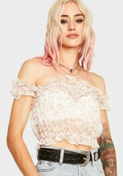 Momokrom Tops Floral Off The Shoulder Crop Top