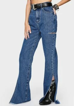 Momokrom Bottoms Mid Blue Wide Leg Split Hem Jeans