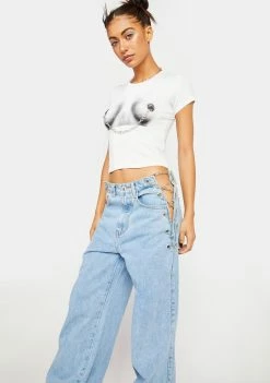 Momokrom Relaxed Fit Chain Up High Rise Jeans Boyfriend Jeans