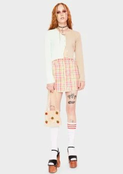 Momokrom Pink Plaid Denim Mini Skirt