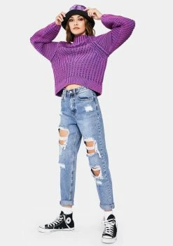 Momokrom Mid Blue Distress Mom Jeans Bottoms