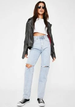 Momokrom Slashed Knee Straight Leg Jeans Bottoms