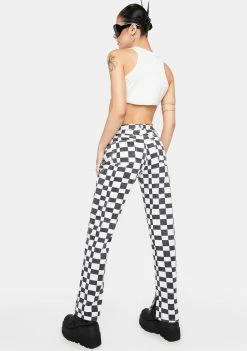 Momokrom Checkered Mid Rise Split Hem Straight Jeans Trousers