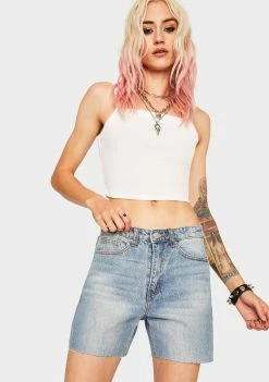 Momokrom Bottoms Mid Wash Cut Off Denim Shorts