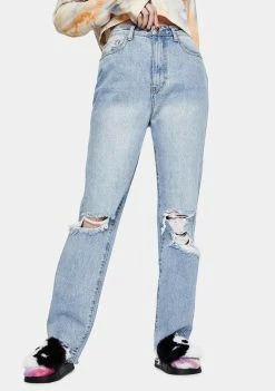 Momokrom Distressed Light Wash Straight Leg Jeans