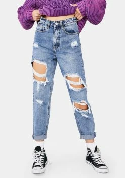 Momokrom Mid Blue Distress Mom Jeans Bottoms