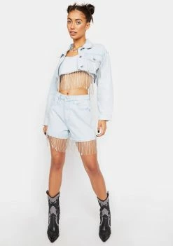 Momokrom Cropped Denim Jacket With Diamante Fringe