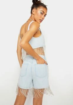 Momokrom Bottoms Denim Shorts With Diamante Fringe