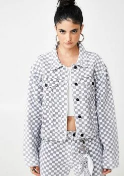 Momokrom Outerwear Checkerboard Cropped Denim Jacket