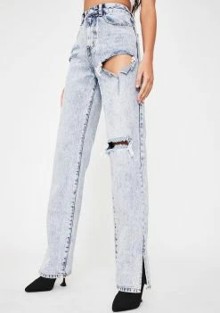 Momokrom Bottoms Distressed Split Hem Straight Leg Jeans