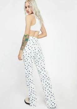 Momokrom Floral Straight Leg Long Denim Jeans Boyfriend Jeans