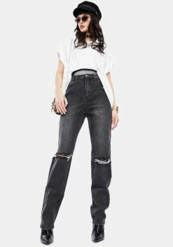 Momokrom Bottoms Washed Black Double Ripped Jeans