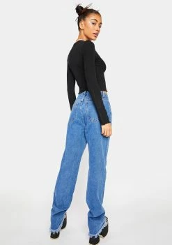 Momokrom Long Straight Leg Jeans With Raw Hem High Waisted Jeans