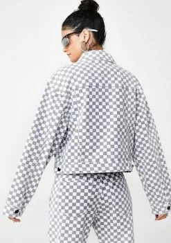 Momokrom Outerwear Checkerboard Cropped Denim Jacket