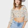 Momokrom Ivory Long Sleeve Floral Crop Top