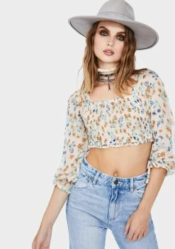 Momokrom Ivory Long Sleeve Floral Crop Top