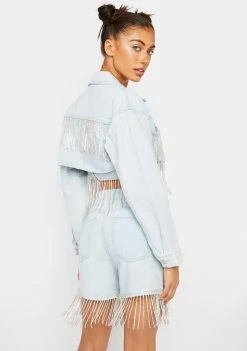 Momokrom Cropped Denim Jacket With Diamante Fringe