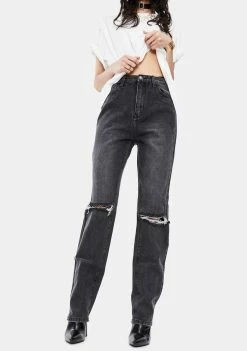 Momokrom Bottoms Washed Black Double Ripped Jeans