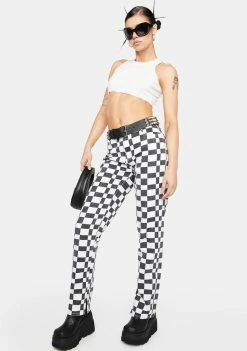 Momokrom Checkered Mid Rise Split Hem Straight Jeans Trousers