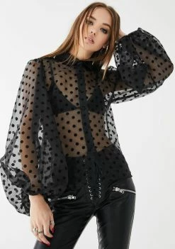 Momokrom Tops Organza Polka Dot Balloon Sleeve Blouse