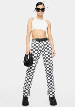 Momokrom Checkered Mid Rise Split Hem Straight Jeans Trousers