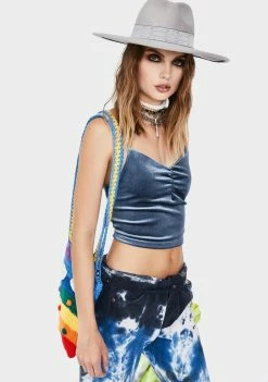Momokrom Blue Velvet Ruched Cami Tank Top Tops