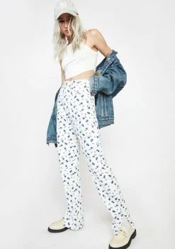 Momokrom Floral Straight Leg Long Denim Jeans Boyfriend Jeans