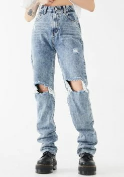 Momokrom Mid Wash Long Straight Leg Jeans Bottoms