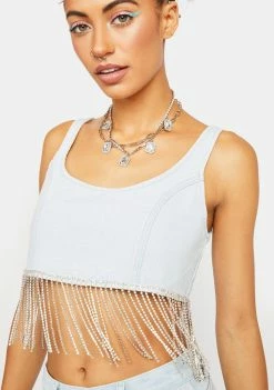 Momokrom Denim Tank Top With Diamante Fringe