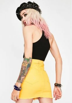 Momokrom Yellow Distressed Denim Mini Skirt Bottoms