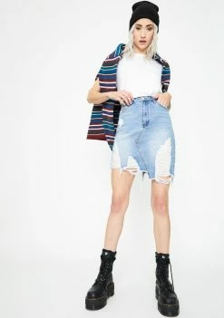 Momokrom Bottoms Light Wash Asymmetric Denim Skirt