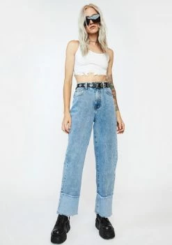 Momokrom Patchwork Cuff Long Denim Jeans Bottoms