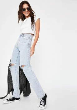 Momokrom Slashed Knee Straight Leg Jeans Bottoms