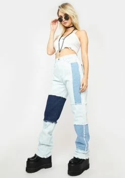 Momokrom Patchwork Long Straight Leg Jeans Bottoms