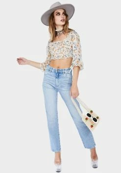 Momokrom Ivory Long Sleeve Floral Crop Top