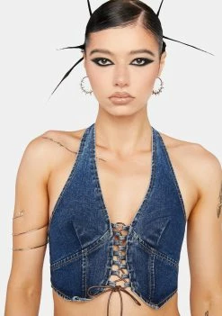Momokrom Shop 9 Momokrom Lace Up Denim Crop Top