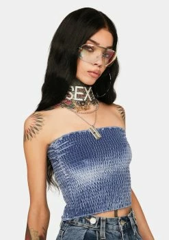 Momokrom Blue Velvet Ruched Bandeau Top