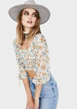 Momokrom Ivory Long Sleeve Floral Crop Top