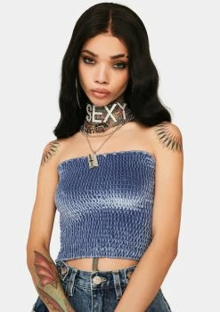 Momokrom Blue Velvet Ruched Bandeau Top