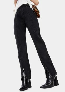 Momokrom Bottoms Washed Black Front Seam Zip Leg Jeans