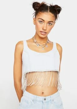 Momokrom Denim Tank Top With Diamante Fringe