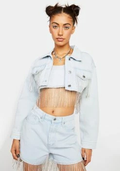 Momokrom Cropped Denim Jacket With Diamante Fringe
