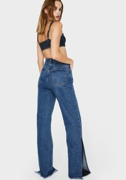 Momokrom Bottoms Mid Blue Wide Leg Split Hem Jeans