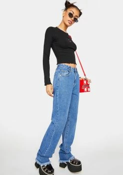 Momokrom Long Straight Leg Jeans With Raw Hem High Waisted Jeans