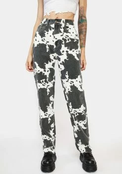 Momokrom Straight Leg Cow Print Mom Jeans